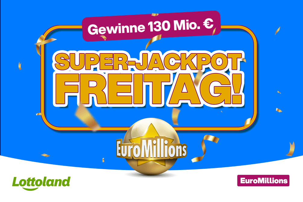 Ein blaues Bild zeigt goldene Konfetti-Deko: großer gelber Schriftzug „SUPER-JACKPOT FREITAG!“, darüber ein pinkes Banner „Gewinne 130 Mio. €“. Unten das EuroMillions-Logo auf goldener Kugel, links das Lottoland-Logo, rechts ein EuroMillions-Badge.