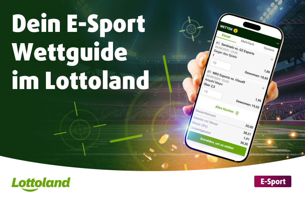 Das Bild zeigt das Titelbild für den E-Sport-Wettguide Artikel mit der Überschrift „Dein E-Sport Wettguide im Lottoland“ auf grünem Hintergrund, einem Smartphone in einer Hand mit geöffnetem Wettschein zu E-Sport-Matches und Quoten, einem leuchtenden Stadion im Hintergrund mit digitalen Fadenkreuz-Grafiken sowie dem Lottoland-Logo und einem violetten Button mit der Aufschrift „E-Sport“.