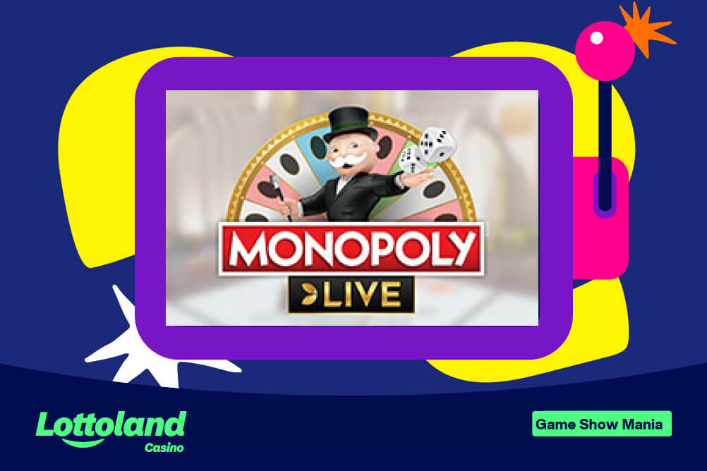 The live casino game show Monopoly Live logo on Lottoland branded background.
